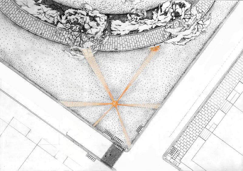 This is plan drawing of one corner of Bedford Square outside the school where other groups placed their installation made of oranges lying on the ground following the shadow the central lamp created at the night.